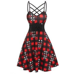 Gothic Plaid Skull Lace-Up Corset Style Cross Lattice Cami Flare Dress XL NWT